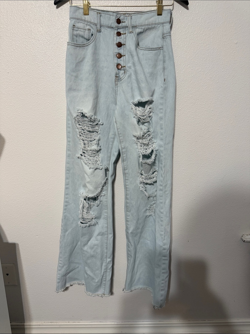 Vibrant Light Blue High-Rise Distressed Button-Fly Jeans